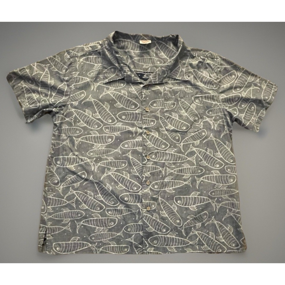 Barefoot In Paradise Short Sleeve Shirt Gray Hawaiian Fish Print Vintage XL JBHS